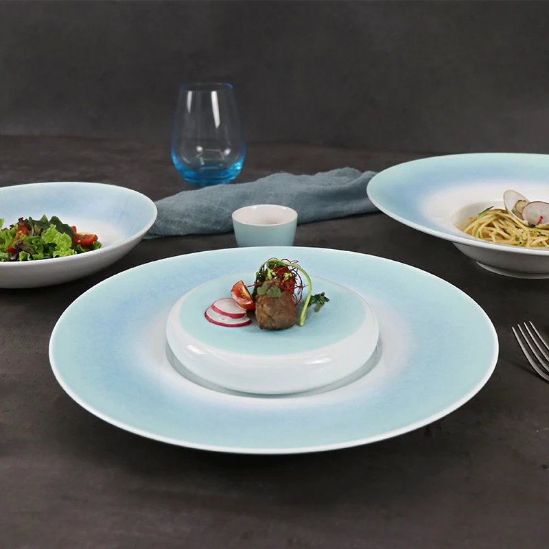 Набор керамических тарелок, роскошные синие фарфоровые тарелки, керамическая посуда для ресторанов, синие круглые керамические тарелки