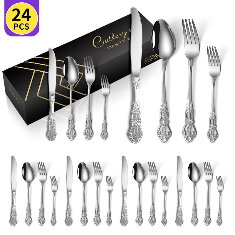 24pcs Stainless Steel Cutlery Sets Golden Silver Color Hotel Wedding Steak Knife Fork and Spoon Flatware With Gift Box