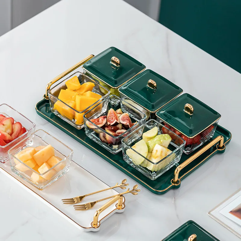 Light Luxury Nordic Style Condiment Set Gold Edge Snack Tray Glass Fruit Plate Multiple Compartment Tray Serving Platter