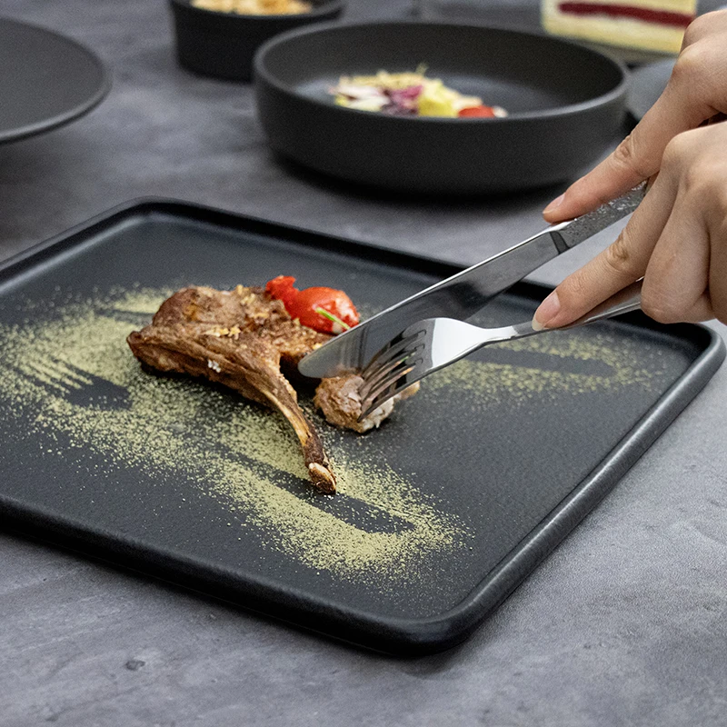 Фарфоровые тарелки ресторана обеденной тарелки для стейка квадратной формы нордической черной формы