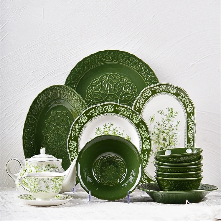 French Retro Dark Green Dinner Plates Luxury Ceramic Tableware Bowl Bone Dish Coffee Cup Teapot Creative Plate