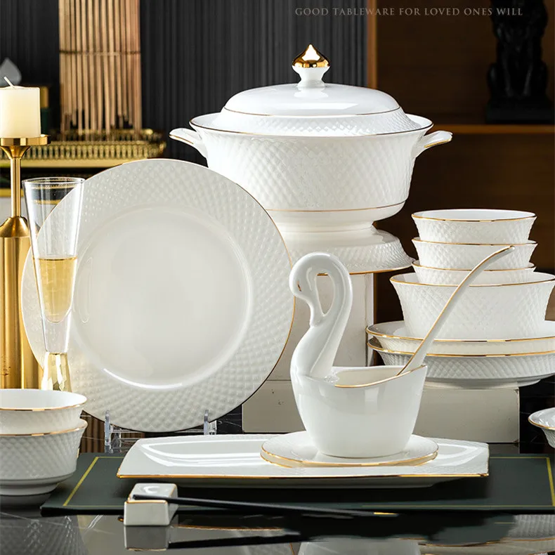 Embossed Porcelain Dinner Plates and Bowls Set Luxury White Ceramic Dishes Fine Bone China Dinnerware Set