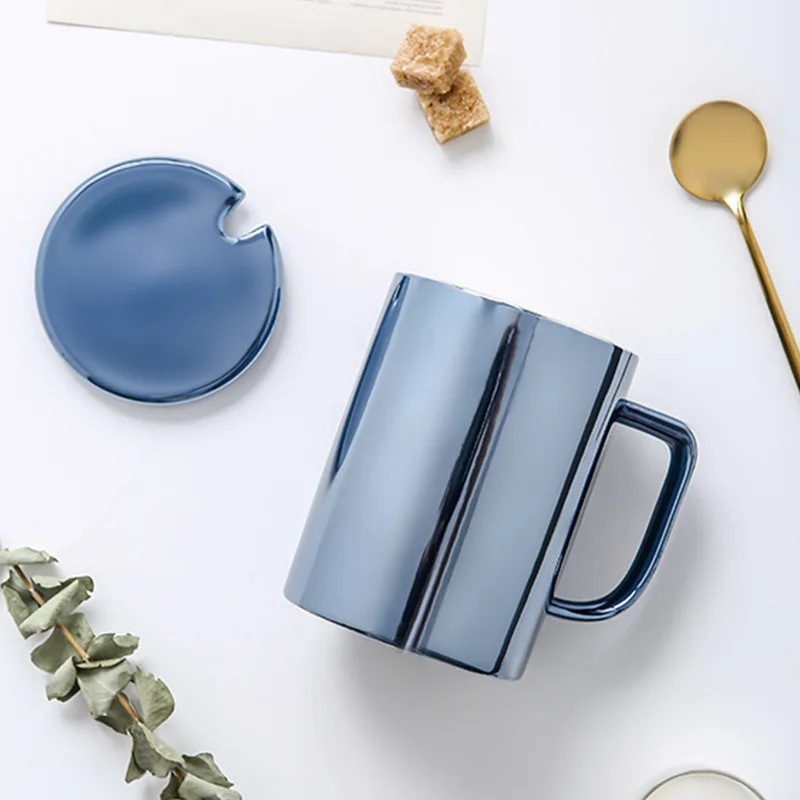 Luxury Glazed Ceramic Coffee Mug Mirror Glossy Drinking Cup Mugs With Lid for Couple