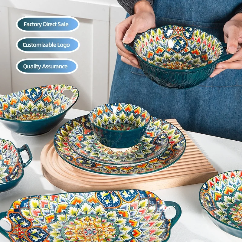 Роскошный богемный набор керамической посуды с ручной росписью, посуда Bilitis, легкая бытовая миска для риса, тарелка для супа, сделанная из бамбука