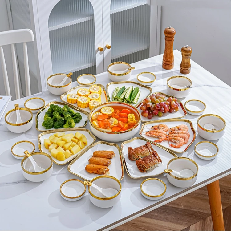 Wholesale Fan Shaped Gold Edge Ceramic Plate Combination Dinner Plate Minimalist Ceramic Tableware Set