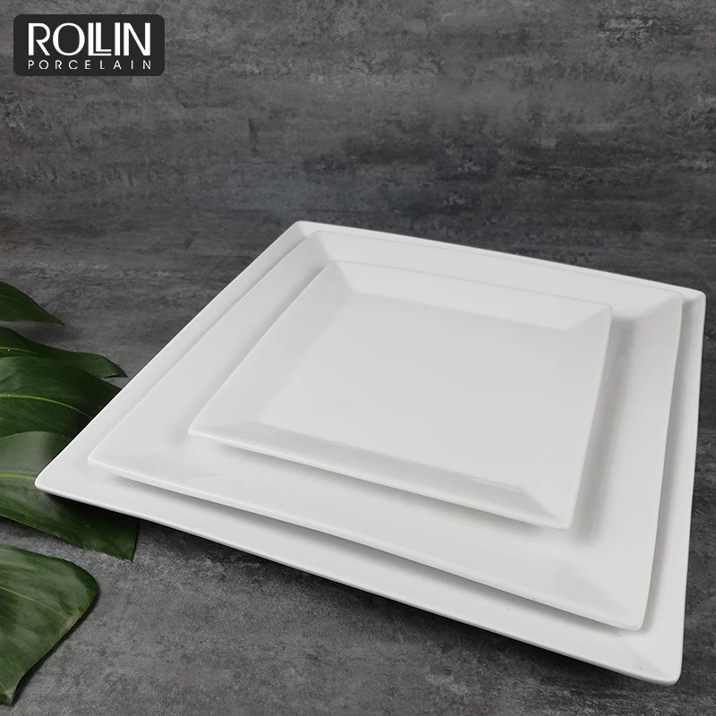 Ресторанная тарелка с логотипом под заказ, белые обеденные тарелки оптом, дешевая керамическая сервировочная квадратная тарелка, белые керамические тарелки