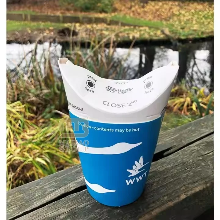 Бумажный кофейный стаканчик с бабочкой на заказ, 8 унций 12 унций, со встроенной складной крышкой, складной бумажный стаканчик на вынос, одноразовый, с защитой от утечки тепла