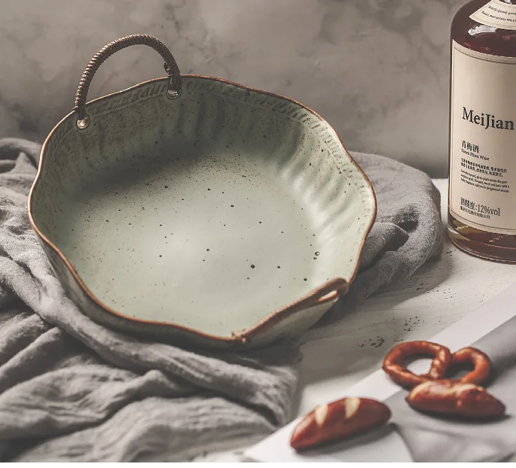 Retro Japanese Design Pottery Plate With Rope Handle Ceramic Fruit Dessert Dim Sum Plates