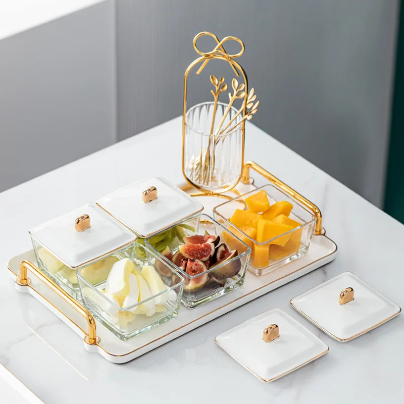 Light Luxury Nordic Style Condiment Set Gold Edge Snack Tray Glass Fruit Plate Multiple Compartment Tray Serving Platter