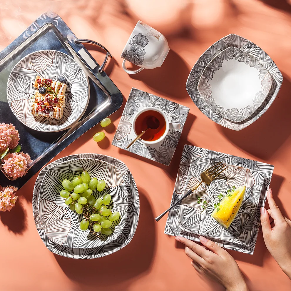 Настраиваемый набор керамических тарелок в скандинавском стиле с кленовым листом в полоску, круглые и квадратные керамические тарелки, посуда для свадебного банкета