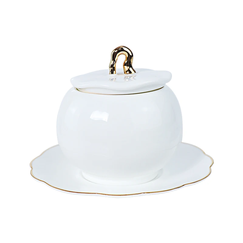 Керамическая фабрика Чаочжоу с цветочной крышкой сахарницы, роскошная белая сахарница из костяного фарфора с золотой наклейкой