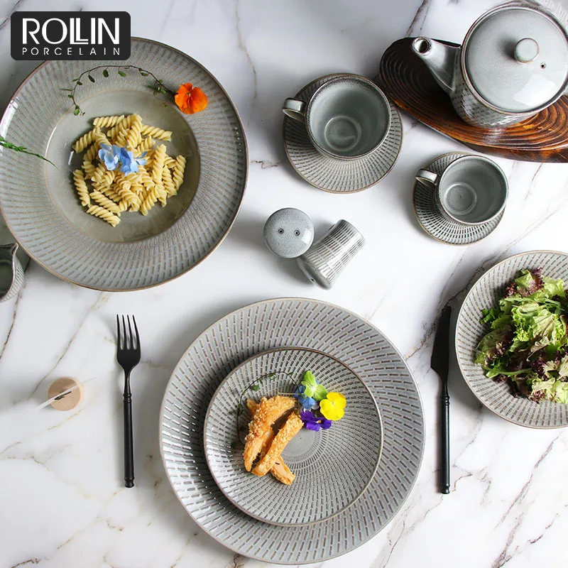 Фарфоровые тарелки серого цвета для печи, наборы столовой посуды, скандинавские керамические сервизы для столовой для отелей и ресторанов