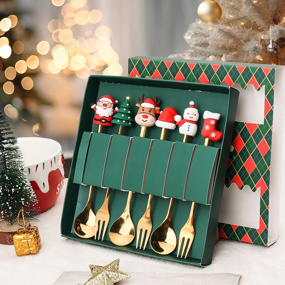 Christmas Cartoon Cute Design Metal Spoon and Fork Set Sustainable  for Coffee Travel Camping Restaurant Use