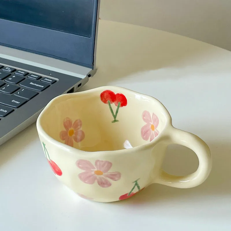 Irregular Handmade Flower Under Glazed Ceramic Mug Cherry Coffee Cup