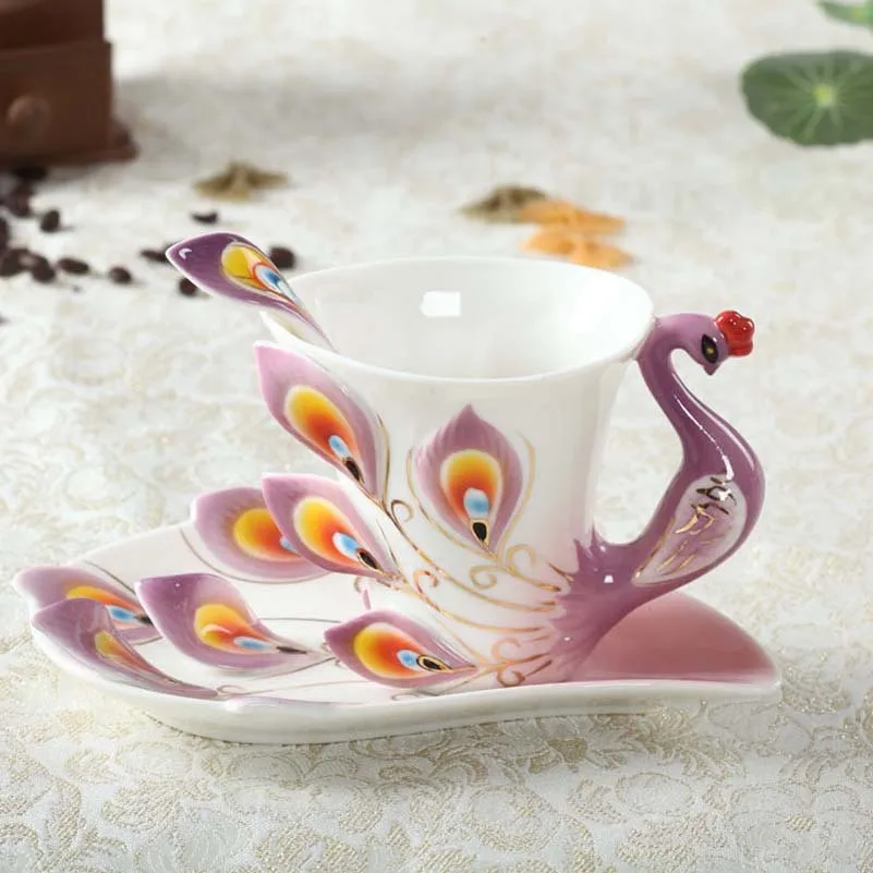 High Quality Relief Peacock Ceramic Tea Cup With Spoon Saucer Luxury Style Coffee Cup Porcelain Milk Cup Wholesale