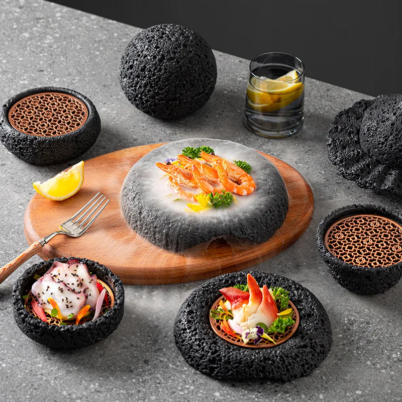 Japanese Artistic Concept Ceramic Bowl Volcanic Stone Hotel Tableware Planet-Shaped Ice Plate Sushi Seafood Presentation Parties