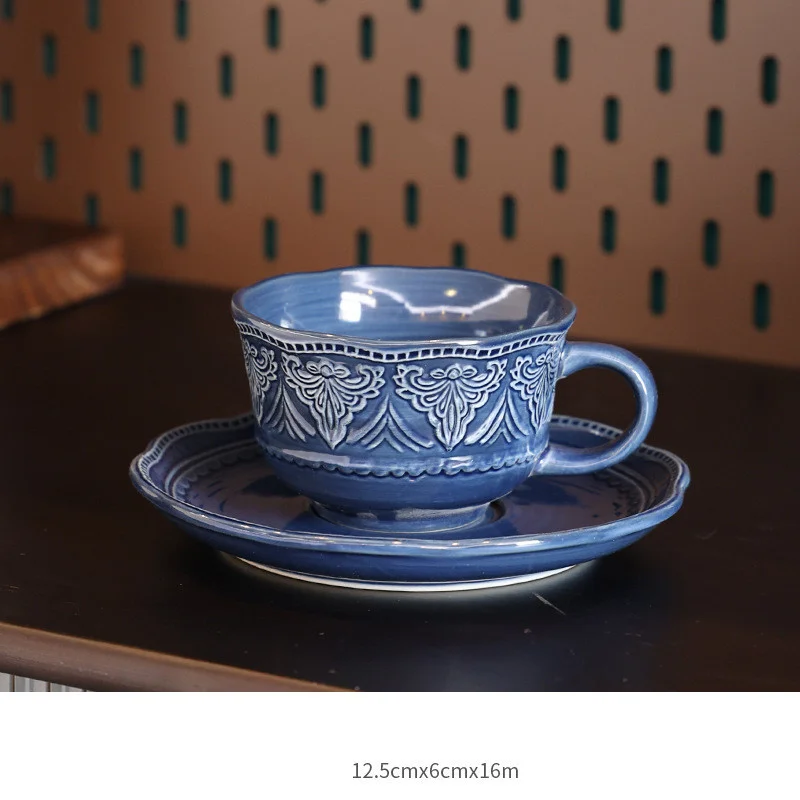 European Porcelain Baroque Embossed Coffee Cups and Saucers Relief Ceramic Coffee Cup Mugs Dishes Sets
