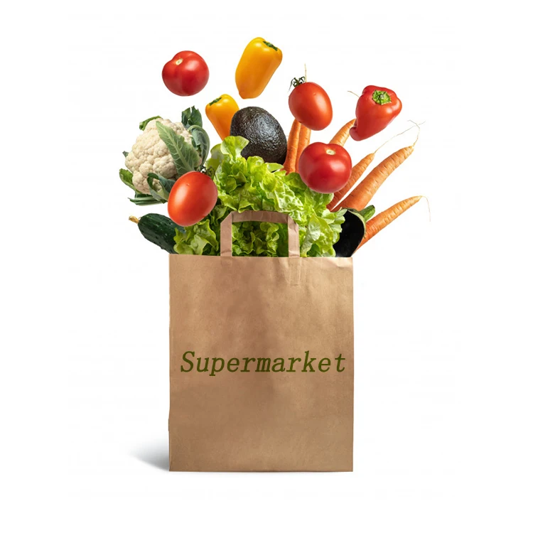 Изготовленный на заказ логотип Экологически чистый широкий базовый пустой бумажный пакет для супермаркетов Фрукты и овощи Цветочная сумка из крафт-бумаги