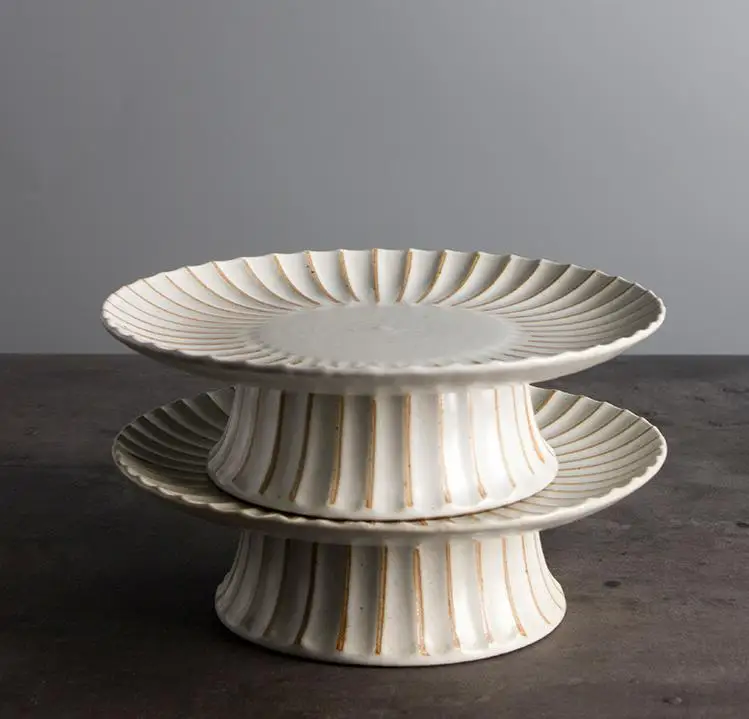 Eco-Friendly Stoneware Tableware Japanese High Foot Plate and Chinese Snack Plate Fruit Ceramic Dinnerware Sets