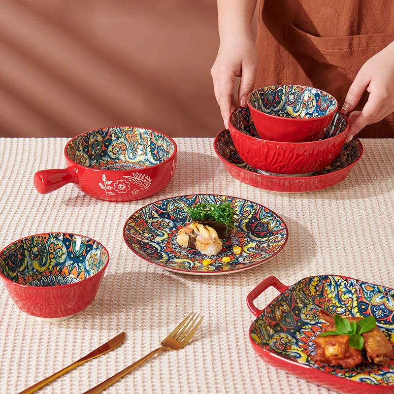 Набор богемной керамической посуды, трансграничные миски и тарелки, большие миски для риса и супа, посуда для домашнего использования