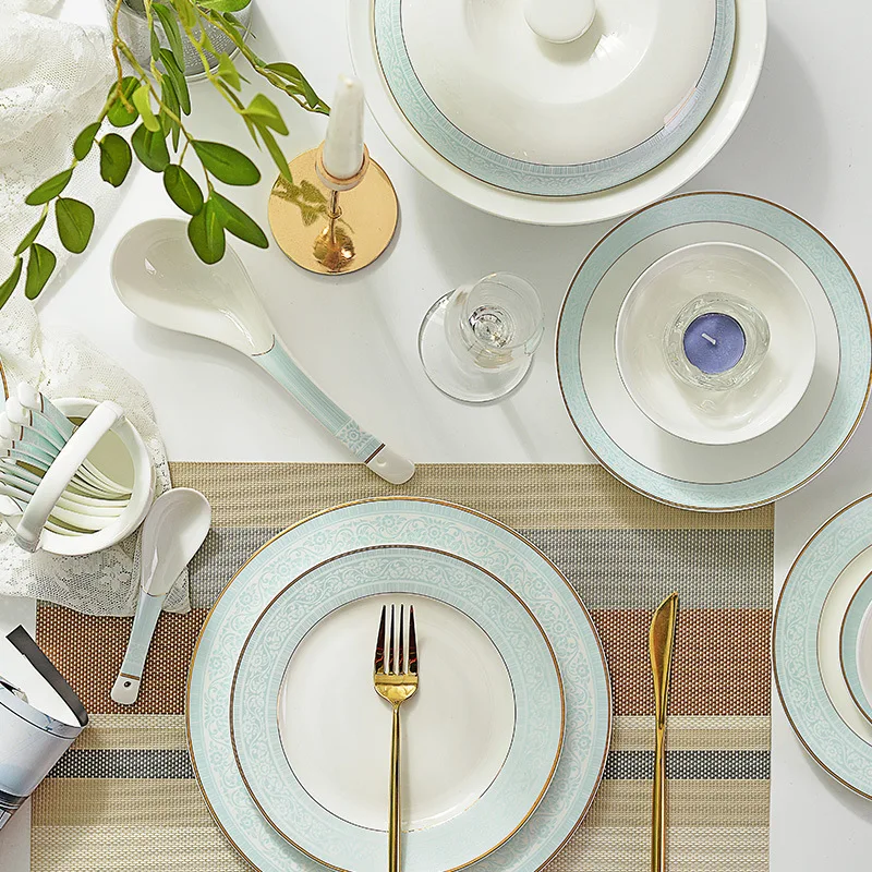 English Style Abstract Artistic Bone China Dinnerware Sets Kitchen Ceramics Bowls Dinner Plates