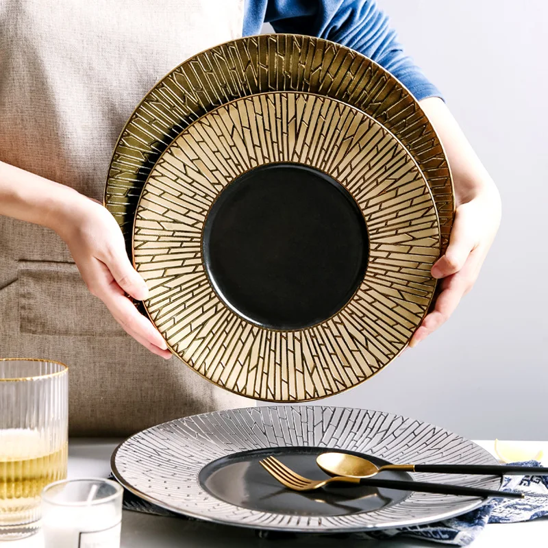 Luxury Gold Porcelain Dinner Plates Customizable Eco-Friendly Ceramic Plate Dish for Steak Pasta Serving Tableware Dinnerware