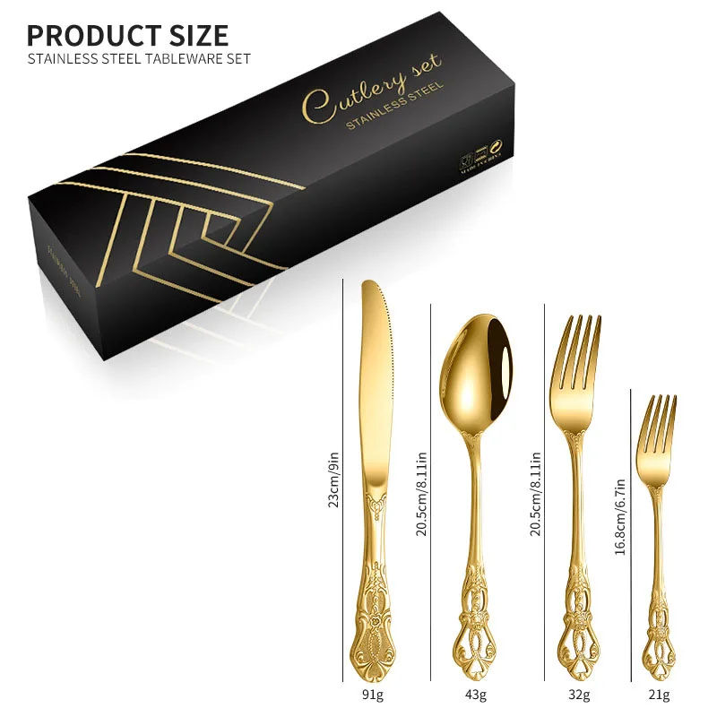 24pcs Stainless Steel Cutlery Sets Golden Silver Color Hotel Wedding Steak Knife Fork and Spoon Flatware With Gift Box