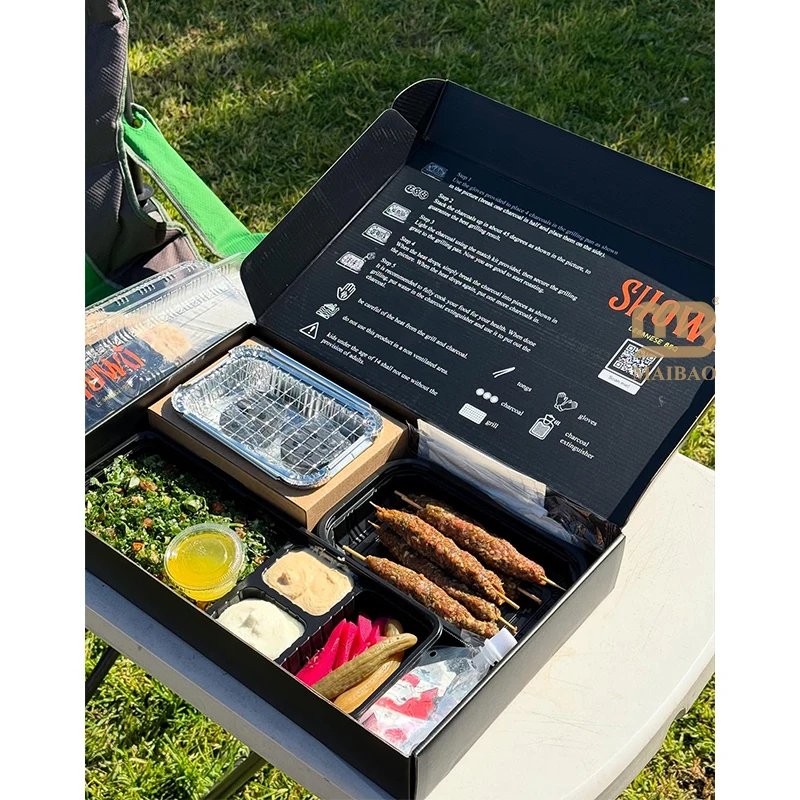 Уникальная арабская бумажная коробка для барбекю на вынос со встроенными грилями для барбекю, набор отделений для древесного угля, шампуры, шашлыки, упаковка для жаркого