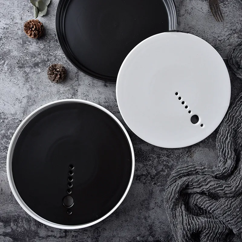 Personality Black and White Round Ceramic Dry Ice Dinner Plates Porcelain Smoke Restaurant Tableware Sashimi Sushi Seafood Tray