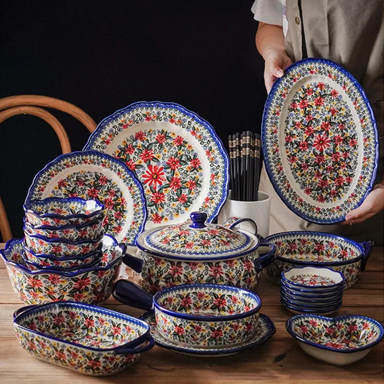 Retro Bohemian Daisy Floral Under Glazed Dim Sum Plates and Bowls Set Ceramic Porcelain Salad Bowl Baking Pan Dinner Set