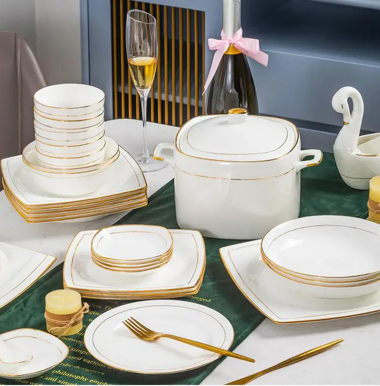 Light Luxury Simple Platinum Rim Dinnerware Set Sustainable Kitchen Cutlery with Bowl for Seniors’ Meals