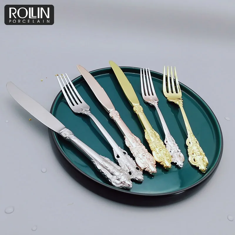 Поставщик столовых приборов, рождественская посуда, набор столовых приборов из нержавеющей стали 304, золотые ножи и вилки для ресторанов