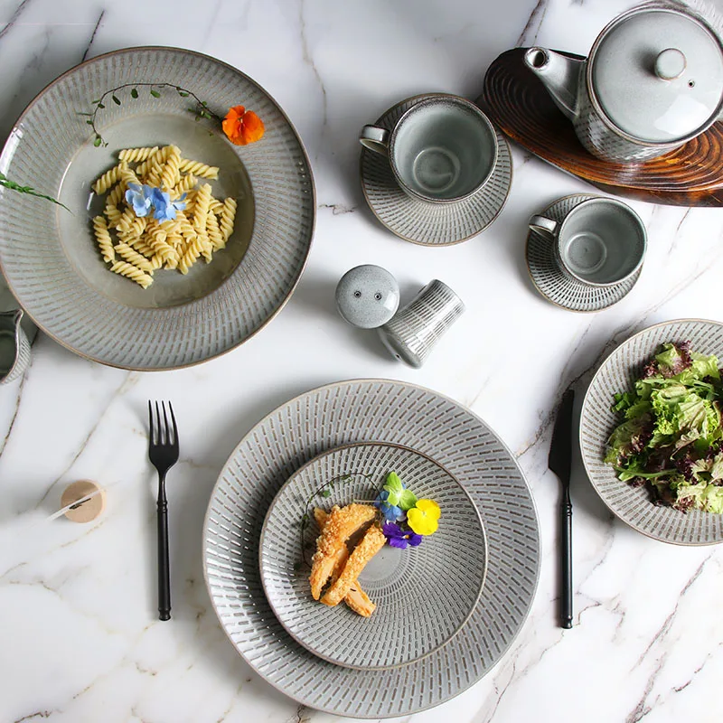 Посуда для ресторана, новый дизайн, набор тарелок, индивидуальная серая керамическая посуда, посуда для западной кухни, наборы тарелок для отеля, обеденная тарелка