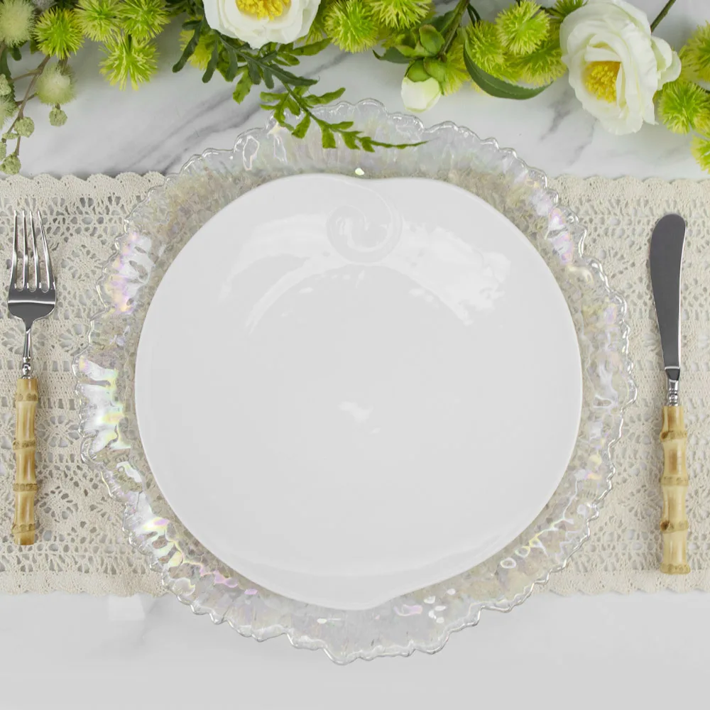 Красочное прозрачное свадебное зарядное устройство, элегантное необычное переливающееся украшение для ресторана, зарядное устройство для аренды на мероприятиях