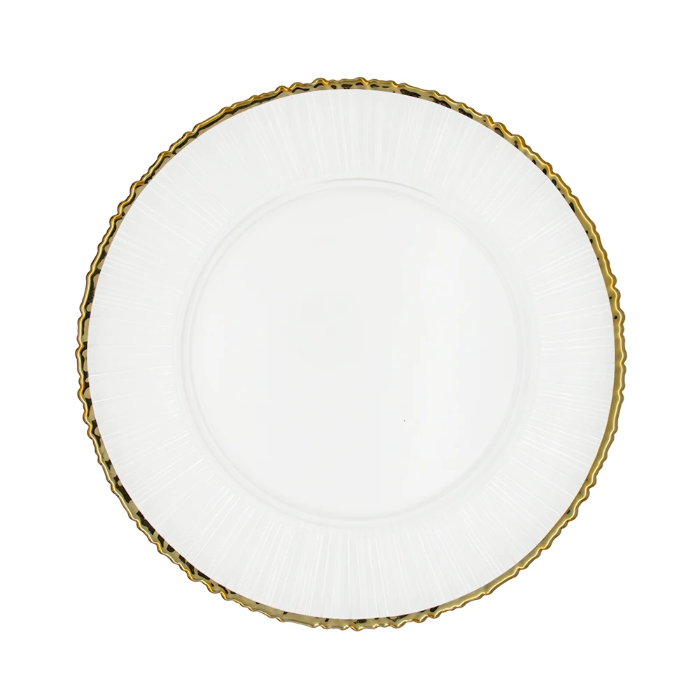 Оптовая продажа, свадебная вечеринка, изысканная круглая посуда, стеклянные обеденные тарелки, прозрачные тарелки с зарядным устройством из бисера, стекло