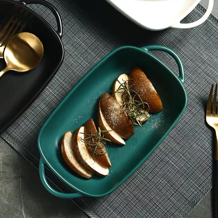 Прямоугольная форма для выпечки в микроволновой печи, керамический обеденный набор, скандинавская форма для выпечки, фарфоровая форма для выпечки с ручкой, форма для выпечки