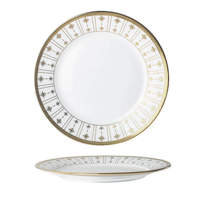China Warehouse White Round Shape Flat Gold Rimmed Nordic Porcelain Plate