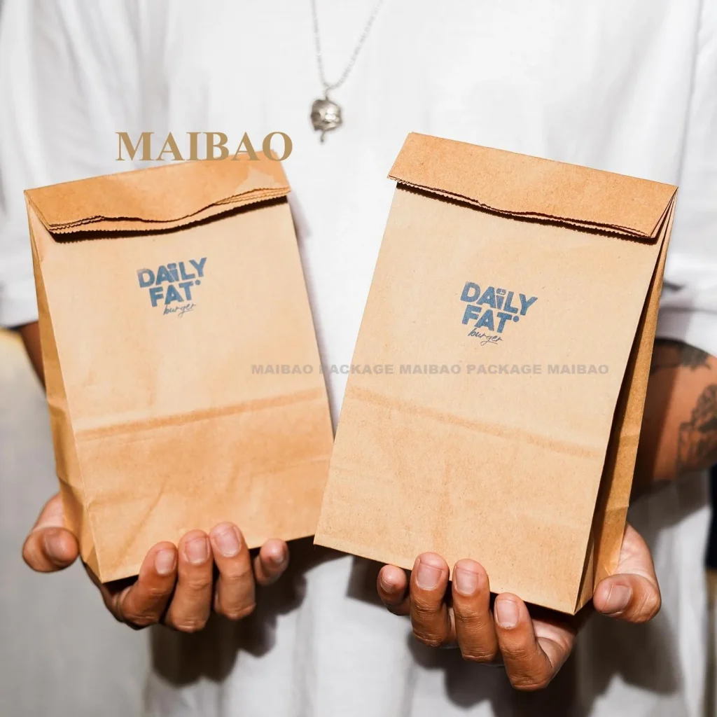 Пользовательский логотип Ресторан Жареная курица Бургер Бумажный пакет Упаковка для фаст-фуда Упаковка для картофеля фри Мешки с плоским дном Крафт-бумажные пакеты