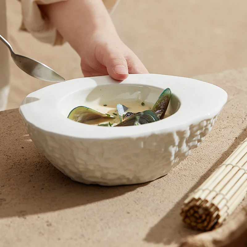Creative Stone Heat Retaining Bowl White Irregular Shaped Bowl High-End Restaurant Cutlery Bowls