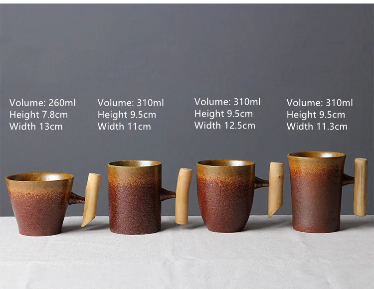 Retro Japanese Ceramic Mug With Wooden Handle Kiln Reusable Coffee Mugs Pottery Tea Cup Set
