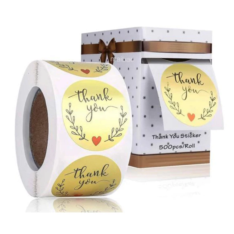 Оптовая продажа самоклеящаяся круглая золотая фольга водонепроницаемая виниловая этикетка на заказ рулон крафт-бумаги спасибо наклейки этикетка с логотипом
