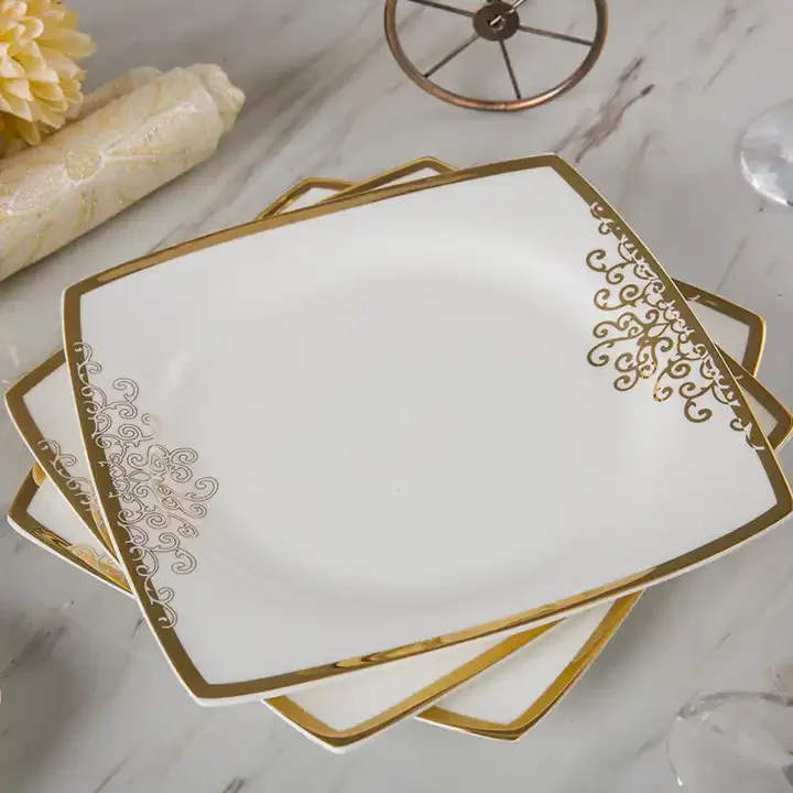 Nordic Fine Bone China Square Dinnerware Sets with Gold Rim Porcelain Tableware Plates and Dishes Luxury Nordic Style