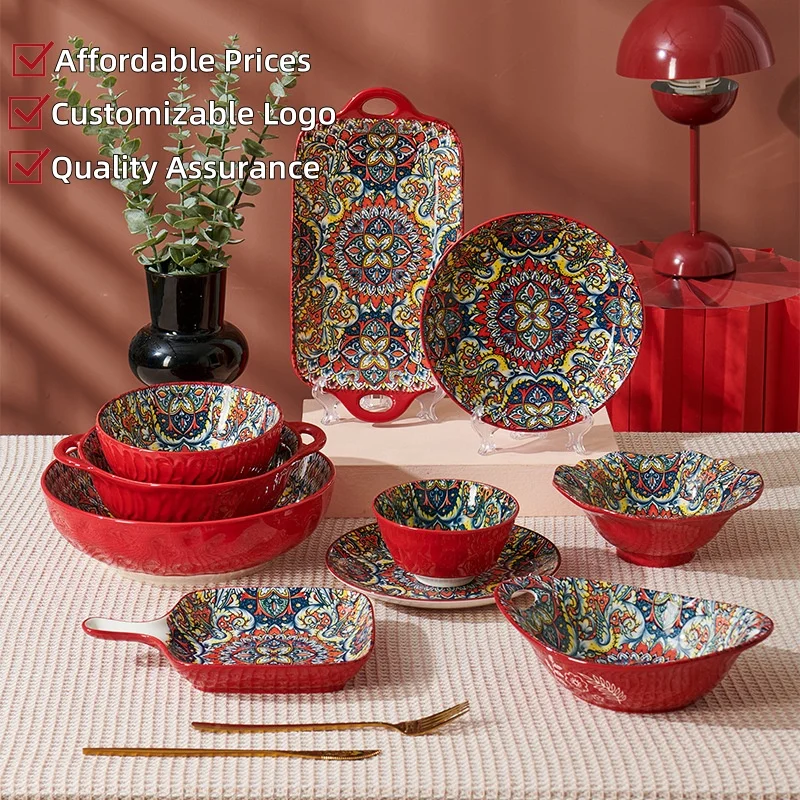 Набор богемной керамической посуды, трансграничные миски и тарелки, большие миски для риса и супа, посуда для домашнего использования