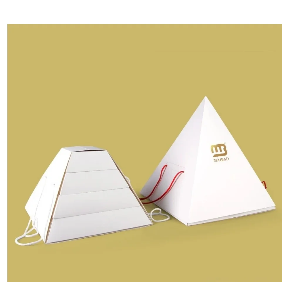Изготовленная на заказ коробка для торта в форме пирамиды, которую можно сложить и упаковать, коробка для еды, лакомства, пирамидальная коробка для выпаса, пирамидальная коробка из крафт-блюда для еды
