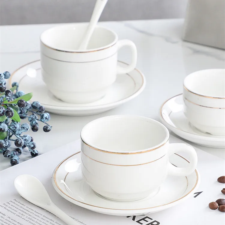 Nordic Luxury Ceramic Gold Strip Coffee Cup and Saucers Set Ceramic Tea Cup Coffee and Tea Sets for Hotel