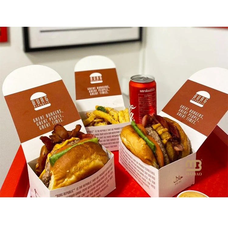 Коробка для гамбургера на заказ, упаковка для обеда в ресторане, бумажная складная коробка, одноразовая коробка для еды на вынос, контейнер для еды из крафт-бумаги, бургер