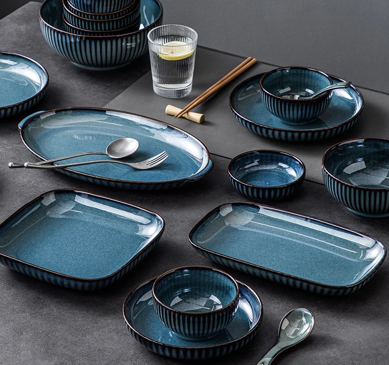Синий фарфоровый набор столовой посуды в скандинавском стиле, европейский роскошный оптовый набор керамических блюд и тарелок для дома, отеля, ресторана, набор мисок