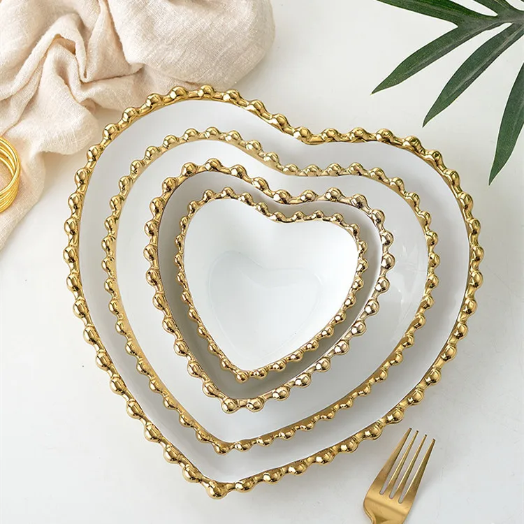 Luxury Bead Point White Ceramic Gold Rim Dinner Set Home Restaurant Heart Shape Bowl and Plates Crockery Dinnerware Sets