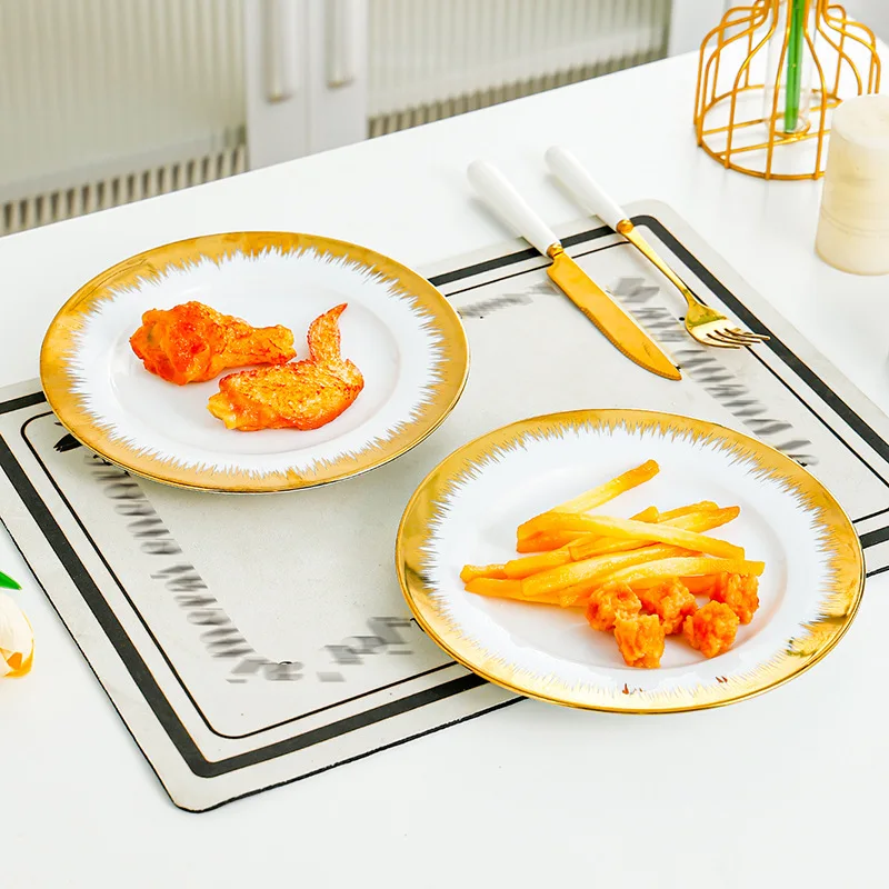 Ceramic Dishes Simple and Luxurious Round Dish With Thickened Large Medium and Small  Plates Gilded Edge Tableware for Wedding