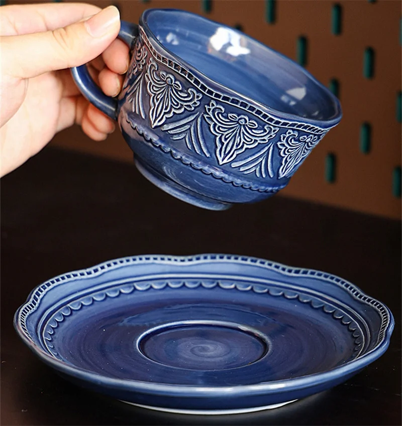 European Porcelain Baroque Embossed Coffee Cups and Saucers Relief Ceramic Coffee Cup Mugs Dishes Sets